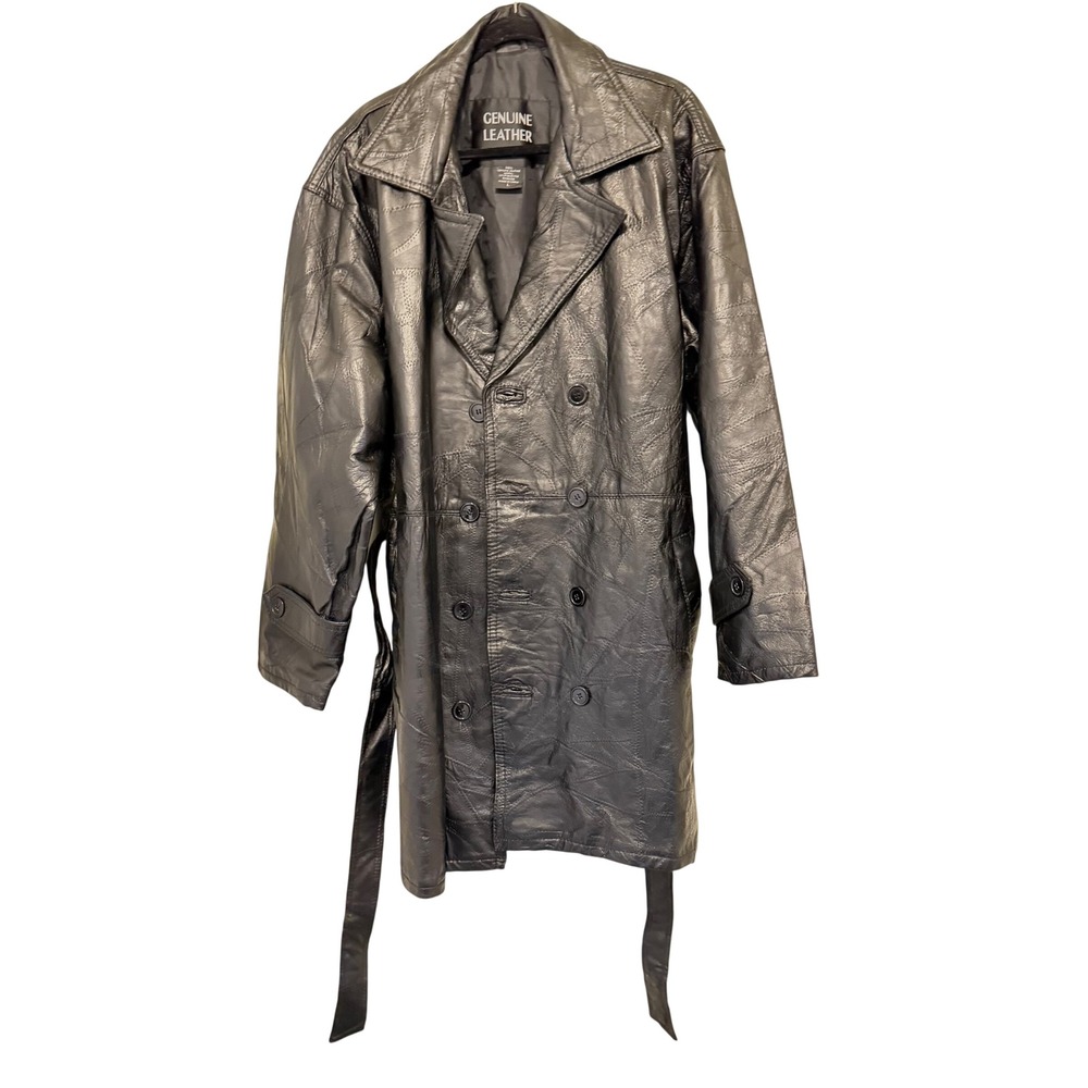 Navarre Leather Company Leather Double Breasted Trench Coat Belted Black L